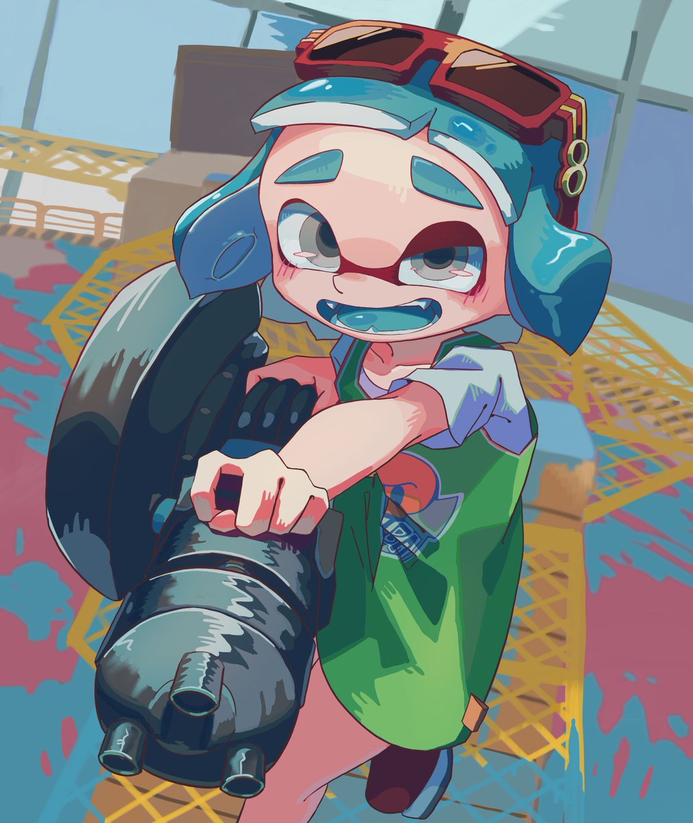 inkling ,inkling girl 1girl solo open mouth weapon holding holding weapon tentacle hair  illustration images