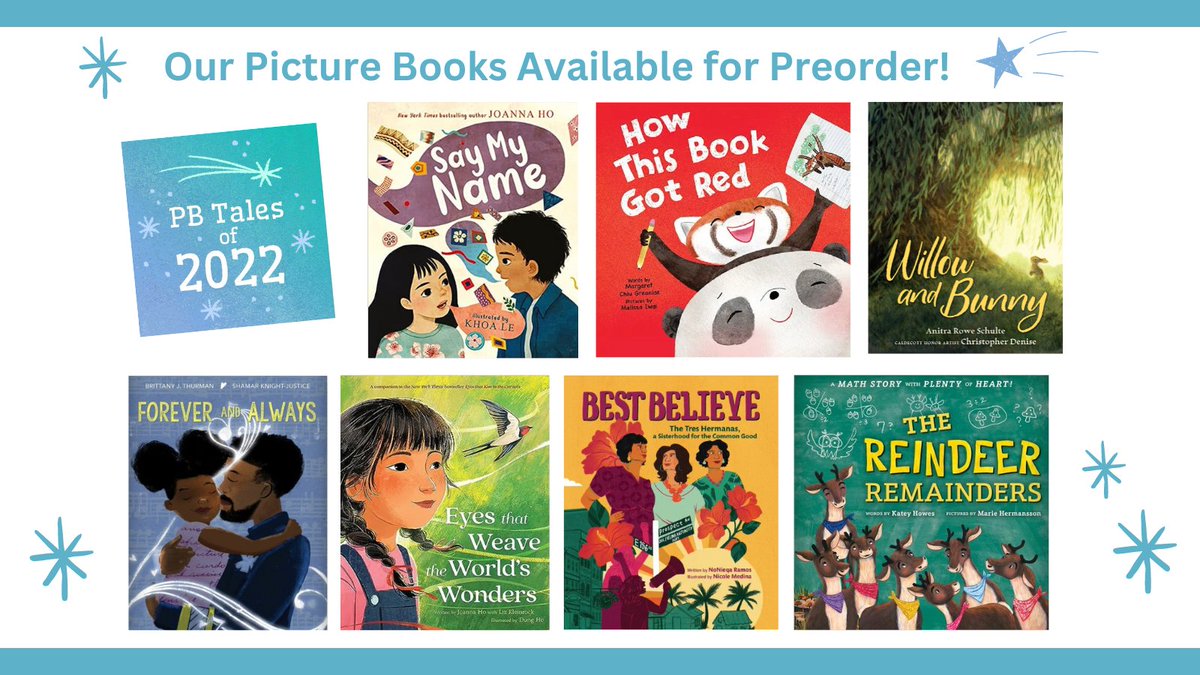 New books to add to your indie bookstore orders and library requests! 💫 Upcoming titles from <a href="/PBTales22/">PB Tales</a> creators @JoannaHoWrites <a href="/MargaretGreania/">Margaret Chiu Greanias | How This Book Got Red</a> <a href="/anitraschulte/">Anitra Rowe Schulte</a> <a href="/janeebrittany/">Brittany J. Thurman 💜Forever & Always Out Now!💜</a> @NoNieqaRamos <a href="/Kateywrites/">Katey Howes</a> - all available for preorder! Purchase links ➡️ pbtales2022.com/books