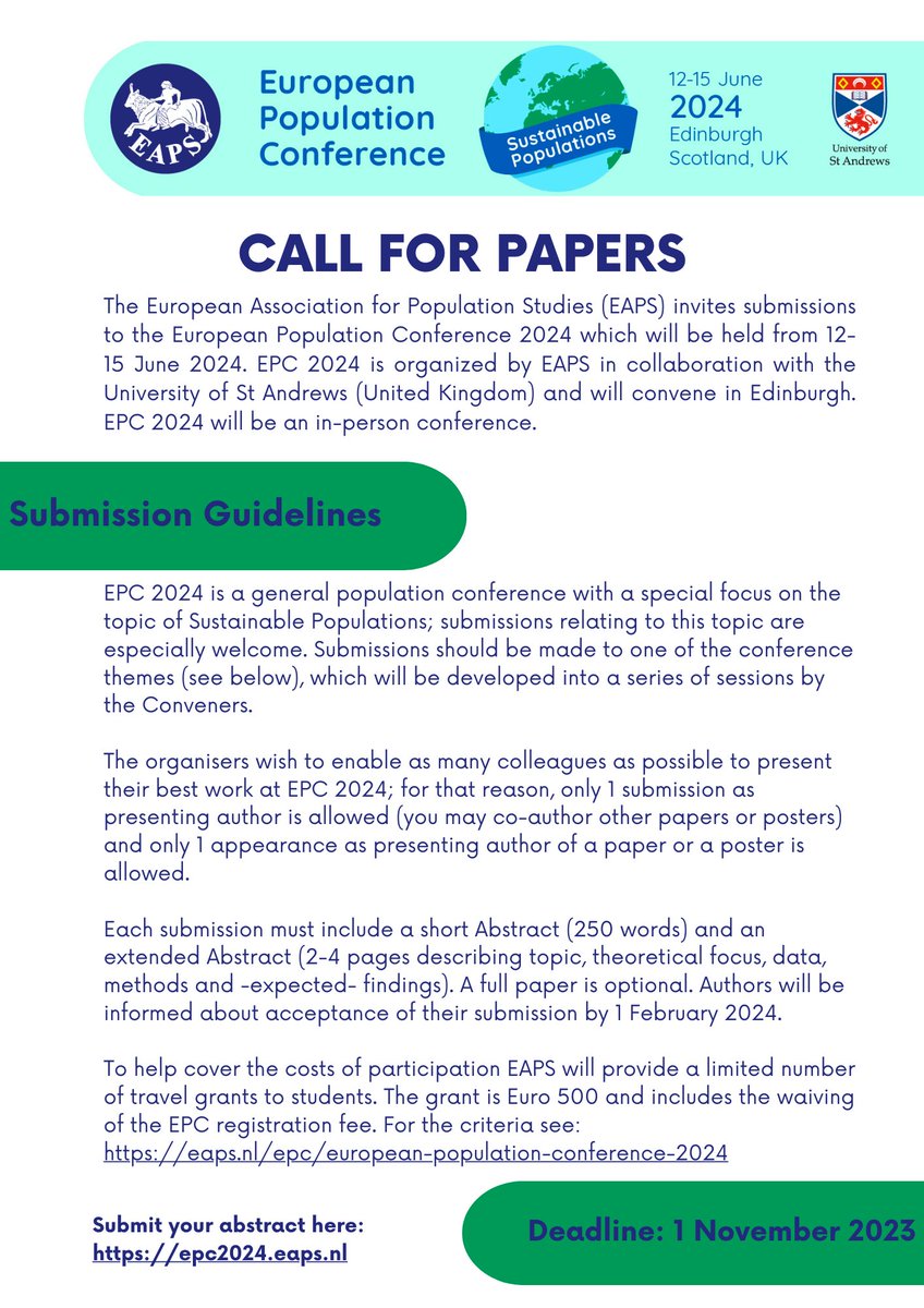 The Call for Papers for #EPC2024 is out!  Submit your abstract and we hope to welcome you in Edinburgh 12-15 June🏴󠁧󠁢󠁳󠁣󠁴󠁿. Submissions related to the topic of Sustainable Populations are especially welcome! 

Deadline: 1 November 2023

epc2024.eaps.nl/hps/CallforPap…