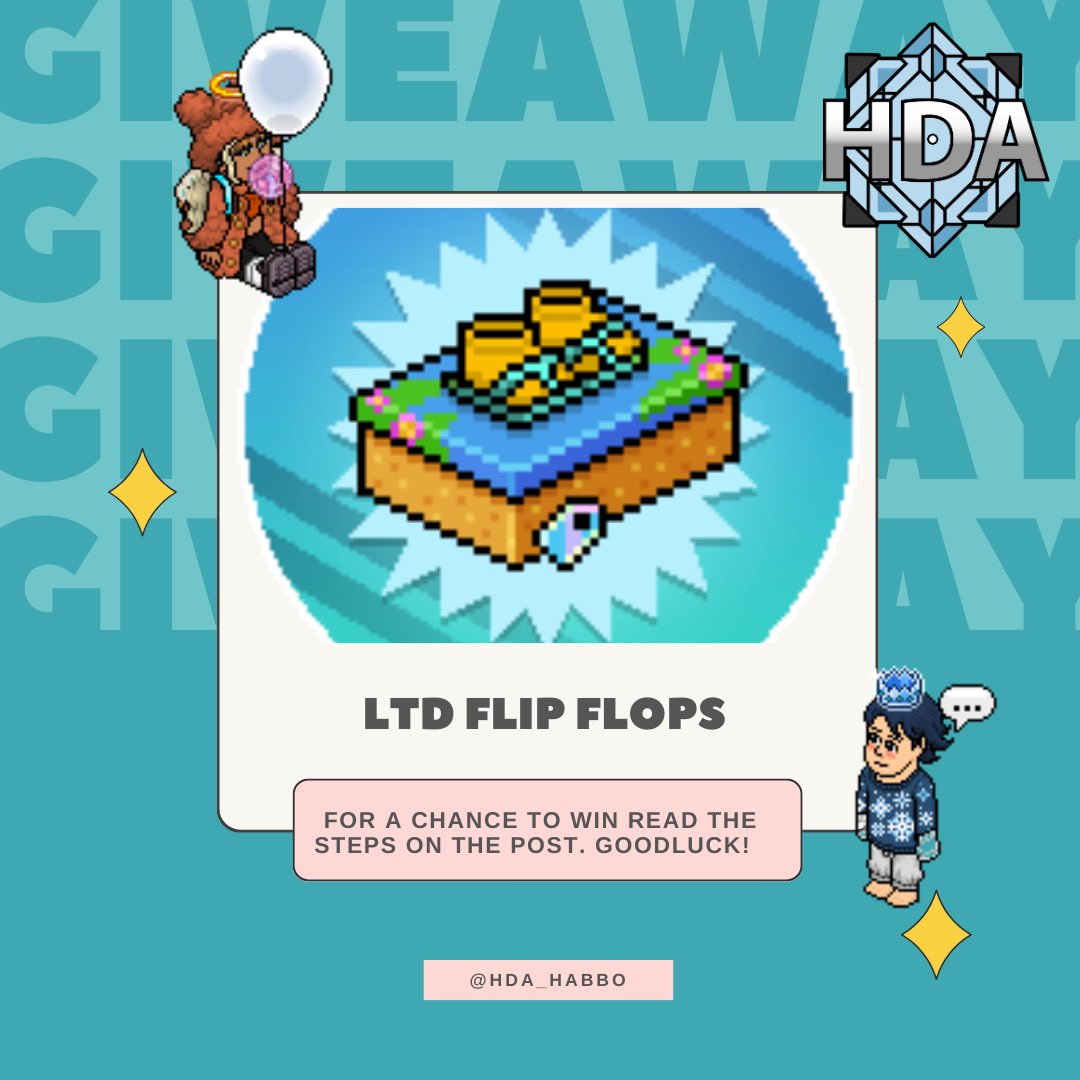HDA_Habbo's tweet photo. ✨HDA FLIP FLOPS LTD GIVEAWAY
 
HDA wants to spread some positive vibes and give away one beautiful pair of LTD flip-flops. The winners will be announced on September 15th. GL🍀
 
Make sure to complete all the steps below to win:
❣️Follow @HDA_Habbo 
❣️Like and retweet this post https://t.co/jTktey98bt