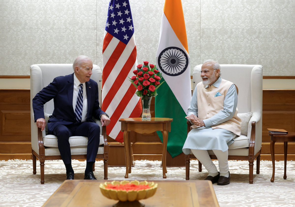 Hon'ble PM Shri <a href="/narendramodi/">Narendra Modi</a> Ji holds bilateral talks with the <a href="/potus/">President Donald J. Trump</a> <a href="/JoeBiden/">Joe Biden</a> ahead of the G20 Summit in New Delhi. 🇮🇳🤝🇺🇸