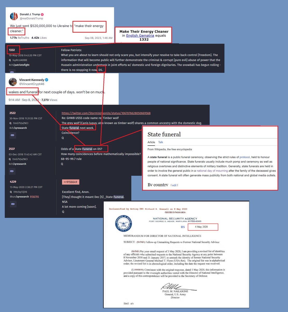 LoD_STL's tweet image. First, let me say that if I am wrong on this, I truly apologize, VK.  But I'm pretty sure I'm not.  

Wakes=Great Awakening
Funeral=State Funeral, perhaps the death of the NSA.  

I'll link my thread from yesterday below, but it goes back to VK and @realDonaldTrump posting dual