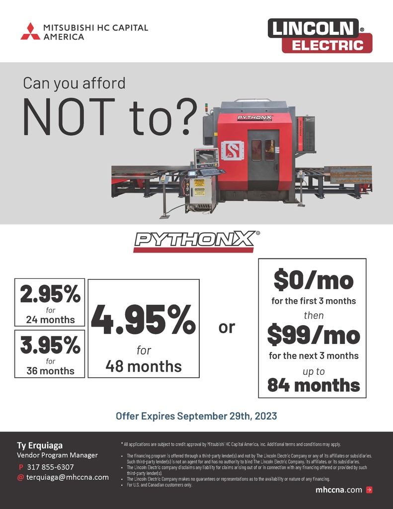 LE_Automation's tweet image. In honor of Fabtech, take advantage of this limited time Financing offer for PythonX! Low payment and low interest options! 🔥💰️⚙️
.
#PythonX #Automation #IndustrialSteel #Fabrication #lincolnelectric #cutred #FineLine #fabtech