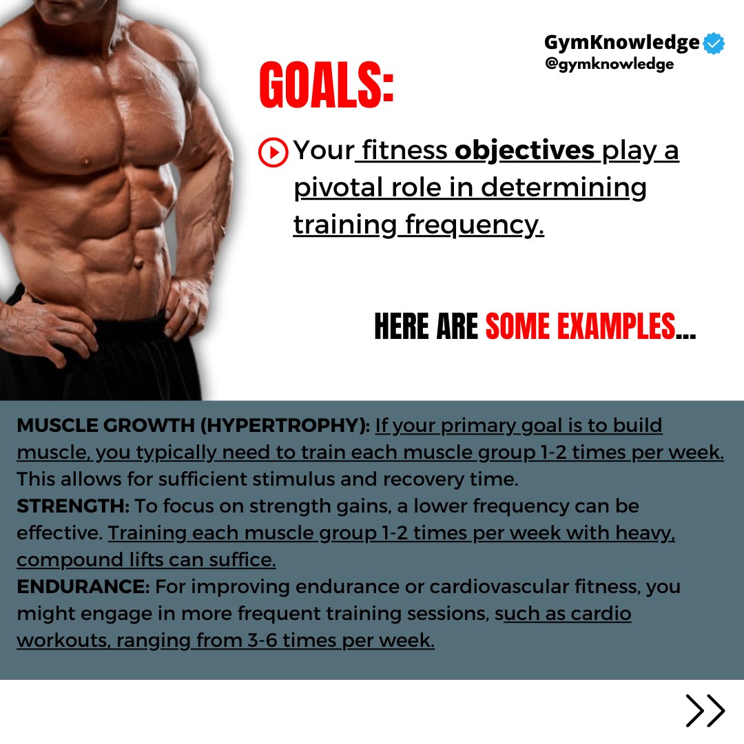 GymKnowledgeOne's tweet image. 🏋️‍♂️Finding the Perfect Training Frequency🤔

Your fitness journey begins with a critical decision: How often should you train? Here&apos;s a breakdown to help you choose the right training frequency tailored to YOUR goals and lifestyle:#trainingfrequency #listentoyourbody #bodybuilding