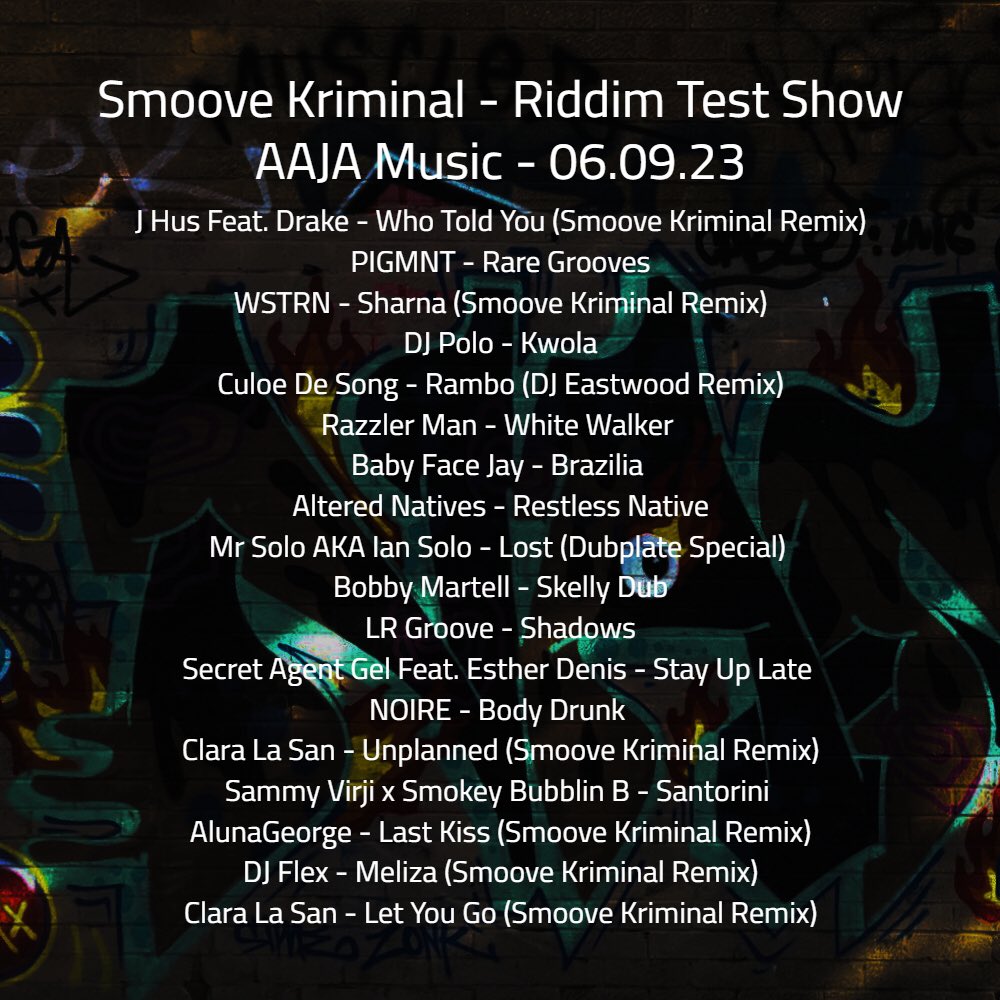 Smoove Kriminal (@smoovekriminal) on Twitter photo My debut Riddim Test show on @AAJAMusic is ready and available for playback here: m.mixcloud.com/Aajamusic/smoo…
Featuring music from: <a href="/KarenNyameKG/">👑KG👑The Rhythm Goddess✨</a> <a href="/RonnieLoko/">Ronnie Loko</a> <a href="/razzlerman/">Razzler man</a> <a href="/LRGROOVE/">Groove</a> <a href="/Altered_Natives/">ALTERED NATIVES TIME DECAYS ALL THINGS OUT NOW</a> <a href="/secretagentgel/">Secret Agent Gel</a> <a href="/eastwooddj/">Eastwood</a> <a href="/DJPOLOUK/">DJ Polo</a> + more (peep the tracklist) ✌🏽 My debut Riddim Test show on @AAJAMusic is ready and available for playback here: m.mixcloud.com/Aajamusic/smoo…
Featuring music from: <a href="/KarenNyameKG/">👑KG👑The Rhythm Goddess✨</a> <a href="/RonnieLoko/">Ronnie Loko</a> <a href="/razzlerman/">Razzler man</a> <a href="/LRGROOVE/">Groove</a> <a href="/Altered_Natives/">ALTERED NATIVES TIME DECAYS ALL THINGS OUT NOW</a> <a href="/secretagentgel/">Secret Agent Gel</a> <a href="/eastwooddj/">Eastwood</a> <a href="/DJPOLOUK/">DJ Polo</a> + more (peep the tracklist) ✌🏽