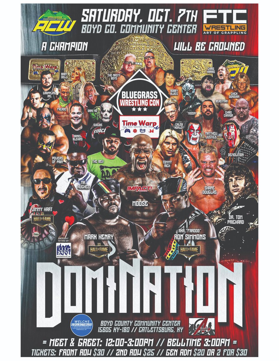 We are looking for Vendors &amp; Sponsors for Bluegrass Wrestling Con V

This is going to be our biggest show yet, message our Facebook page if interested or for more details.

Bluegrass Wrestling Con V
Oct 7th 2023 12-3pm
Boyd County Community Center Catlettsburg, Kentucky