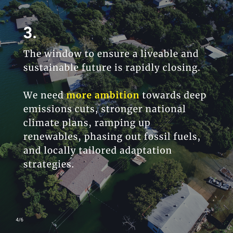 UNFCCC's tweet photo. Implementation of the Paris Agreement on #ClimateChange must accelerate amid a rapidly closing window of opportunity.

That’s the main finding from today's Global Stocktake report.

👇 Here’s how we get back on track: