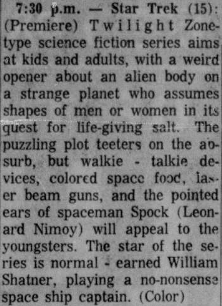 My local newspaper's review of the first episode of #StarTrek #TheManTrap