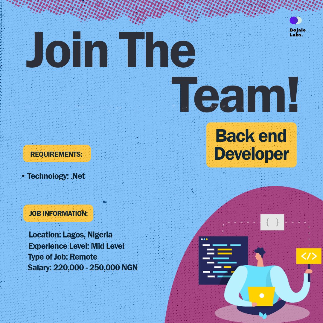 Bojalelabs's tweet photo. •Hiring: Back end Developer

•Location: Lagos (Remote)

•Experience: Mid Level

•Technology: .Net

•Salary: 220,000 - 250,000 NGN

Apply here👇:
https://t.co/rccOUzh4El https://t.co/WCIxNVcxhZ