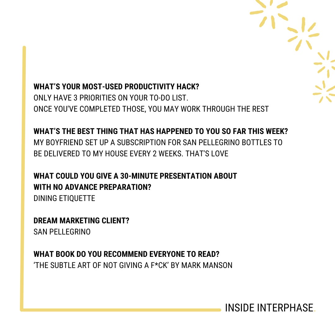 INSIDE INTERPHASE with Lucy 💫

Ever been curious about what makes Lucy's world go round?

She answered some of the pressing questions we wanted to know!

From her most hated marketing trend to her dream marketing client, we found out what makes her tick!