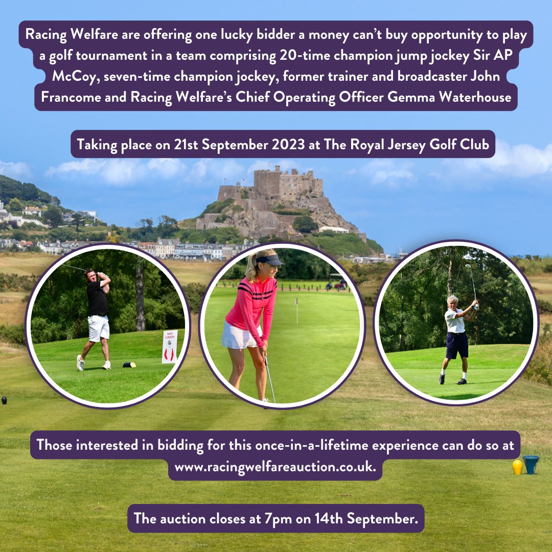 Racingwelfare's tweet image. Bid for the chance to play golf with @AP_McCoy and John Francome at The Jersey Horse Racing Tournament. Taking place on 21st September 2023 at The Royal Jersey Golf Club.

Those interested in bidding for this once-in-a-lifetime experience can do so at racingwelfareauction.co.uk