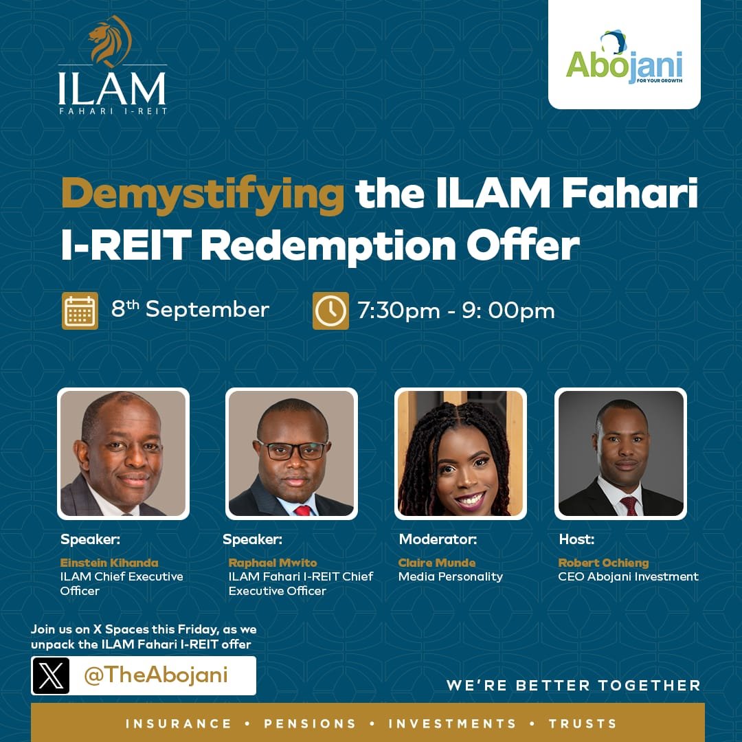 ILAM Fahari, I-REIT is offering Non - Professional Unitholders a chance to redeem up to 36,585,134 Units currently listed at the NSE at an astonishing premium of 82.72% above the trading price as of 25th August 2023.

Join us in less than 1 hour for an enlightening X Space