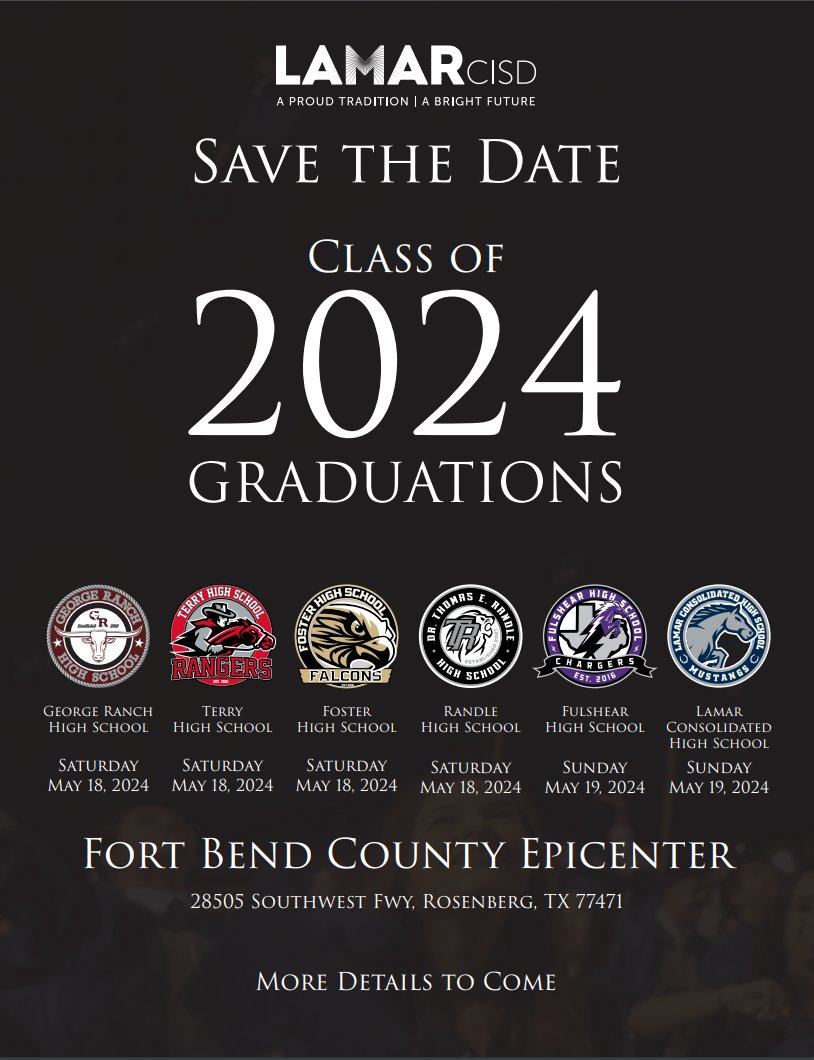 Terry High School - Lamar CISD (@terry_rangers) on Twitter photo On May 18, 2024, our Terry Rangers will walk the stage as graduates prepared for a future filled with endless possibilities. #SavetheDate #Classof2024 #RangersLastRide <a href="/LamarCISD/">Lamar CISD</a> On May 18, 2024, our Terry Rangers will walk the stage as graduates prepared for a future filled with endless possibilities. #SavetheDate #Classof2024 #RangersLastRide <a href="/LamarCISD/">Lamar CISD</a>