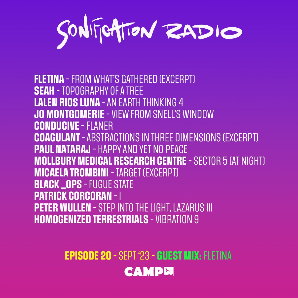 I had the great honour and privilege to have been asked to contribute a guest mix for @devinsarno's Sonification radio show. I had such a blast compiling and sequencing this mix. I love it. Here's the link, if you want to check it out... mixcloud.com/camp_fr/sonifi…