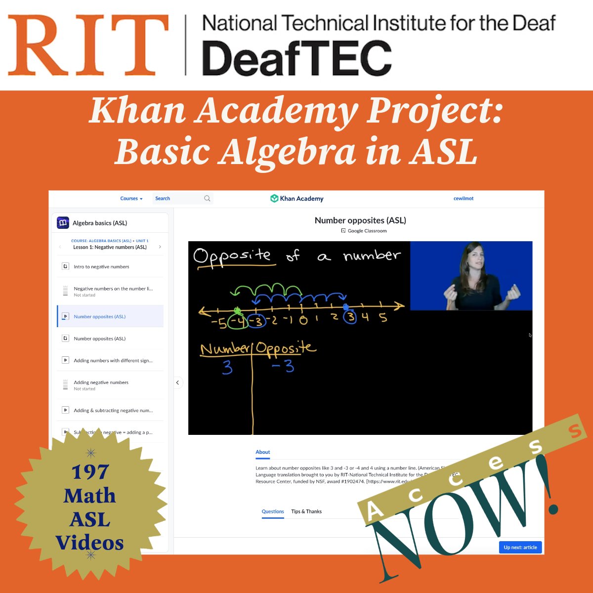 deaf_tec's tweet image. #DeafTECMath Algebra Basics in ASL is now live in Khan Academy with 197 ASL math videos. Sign in &amp;amp; go to settings to change ASL to your primary language. Then, you will see the ASL videos in Algebra Basics. Get started now! @RIT/NTID #AccessiblityMatters #ASL #DeafEd #KhanAcademy