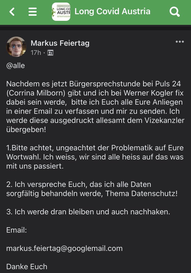 🇦🇹 Aktion: Senden von Anliegen/Forderungen zu #LongCovid / #MECFS für GRÜNEN-Chef Werner Kogler

#LongCovid Betroffener <a href="/MarkusFeiertag/">Markus Feiertag</a> wird am 10.10. bei Corinna Milborns Puls4 Bürgerforum dabei sein und dabei Werner Kogler eine Frage zu #LongCovid / #MECFS stellen.

Bitte RT 1/