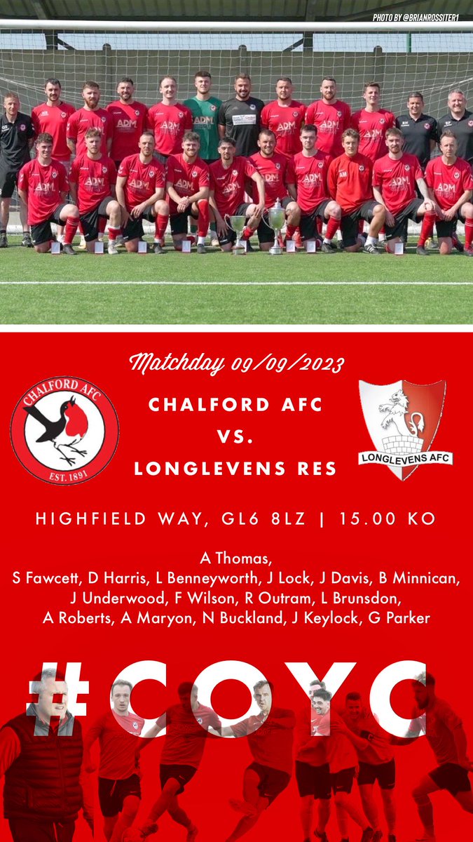 ⚽️: <a href="/Chalford_AFC/">ChalfordAFC (C) 🏆</a> vs. <a href="/longlevensafc/">Longlevens AFC</a> Res
🏆: <a href="/GNSLOfficial/">GNSL</a> Northern Senior 1
⏱: 09/09/23 15.00 KO
📍: Highfield Way, Chalford, GL6 8LZ

#COYC #Chalford