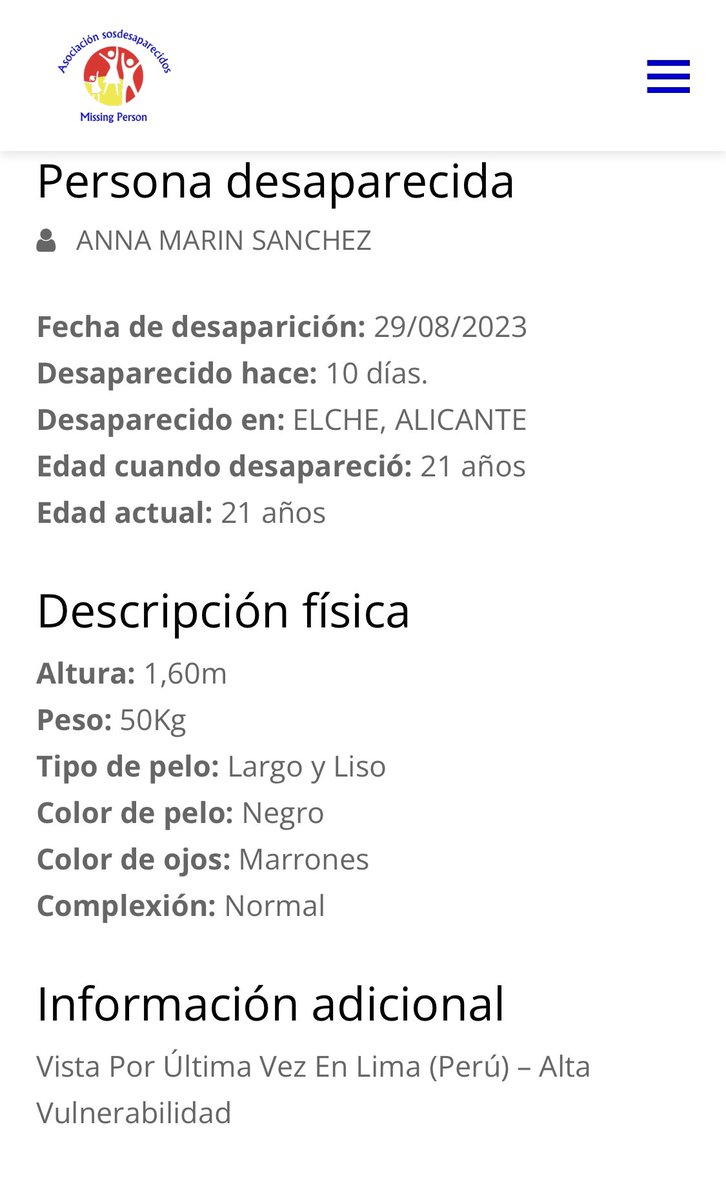 Les pido a todos me ayuden dando RT: La sobrina de una amiga que reside en España ha desaparecido y la última vez que ha sido vista fue en Lima. Por favor les pido su ayuda difundiendo y ver si logramos ubicarla. La angustia y dolor de sus padres y amigos es inimaginable.