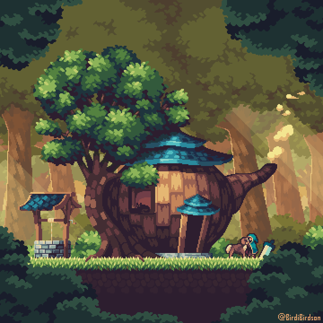 Teapot house and background finished (for now)🫖🌳 

#PixelArt #ドット絵 #GameDev
