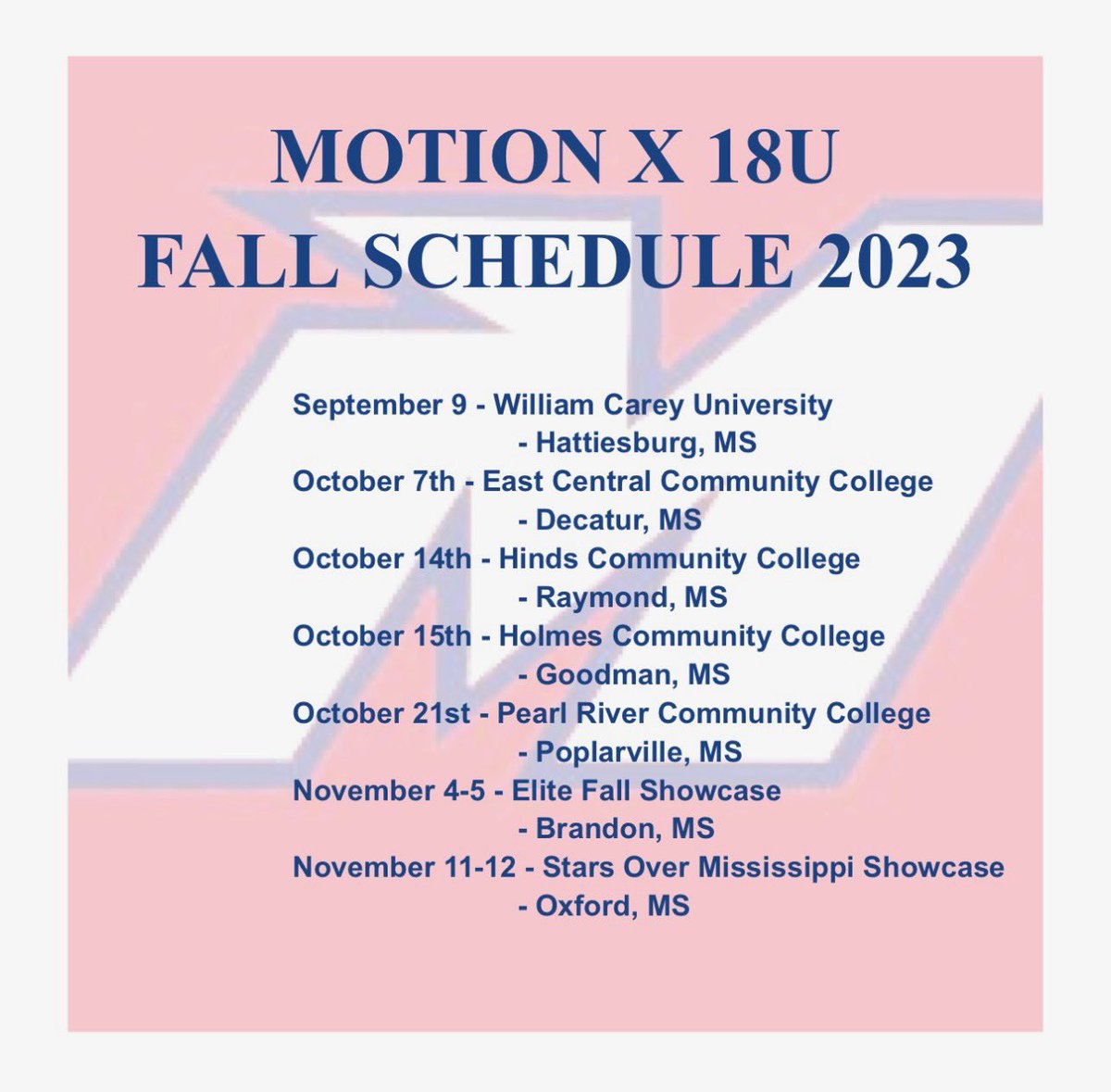 Camrien6's tweet photo. MotionX 18u @BriannaDollar 
Fall schedule. Very excited to hit the field again with this talented group of girls. Looking forward to seeing all you coaches as well!
@coachekeller 
@HindsCC_SB 
@ECCCSoftball 
@CoachMeeks_PRCC 
@PearlRiverSB 
@MCCEaglesSB 
@softball_holmes https://t.co/vm1JWb0gzX