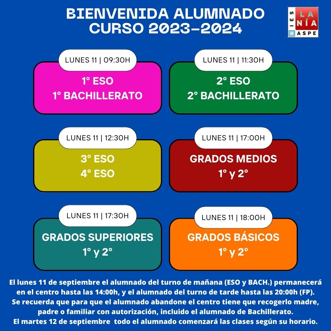 𝗔𝗩𝗜𝗦𝗢
• El lunes 11 se permanecerá en el centro hasta las 14:00h (ESO y BACH.), o hasta las 20:00h (FP).
• Para que el alumnado abandone el  centro deberá recogerlo madre, padre o familiar con autorización.
• El martes 12 comenzarán las clases de todos los grupos.