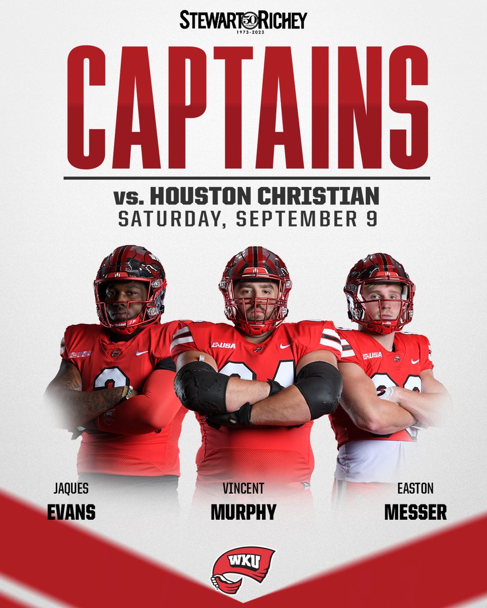 WKUFootball's tweet photo. 𝐆𝐚𝐦𝐞 ✌️ 𝐂𝐚𝐩𝐭𝐚𝐢𝐧𝐬 🫡
Presented By: @StewartRichey

◻️ @_JAQU3S 
◻️ Vincent Murphy
◻️ @EastonMesser 

#GoTops https://t.co/lUpY7qhZTq