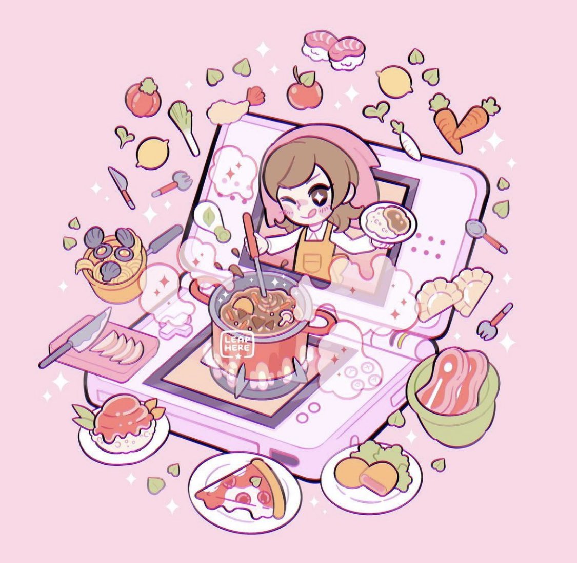 food 1girl carrot knife apron brown hair tongue out  illustration images