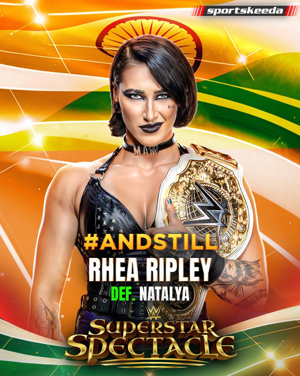 #AndStill,
<a href="/RheaRipley_WWE/">RheaRipley_WWE</a> defeats #Natalya.
Mami is unstoppable. 😈⚖️
#WWE #WWESuperstarSpectacle