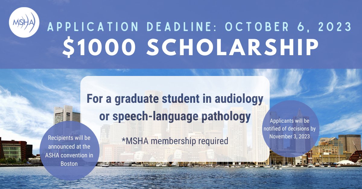Apply soon for the $1000 scholarship to MSHA!

please visit the MSHA website via the Member Only section to apply today!

#MSHA #ASHA #scholarship #membersonly #speechlanguagepathologist #registration