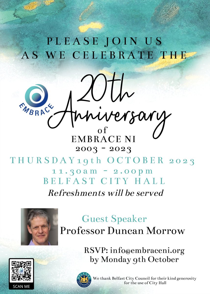 EMBRACE is 20 years old.

Please see attached our invitation to you to join us in marking our anniversary with lunch at City Hall.

Please share this invite with someone you know who has a connection with EMBRACE.

I look forward to seeing you on 19 October.

God Bless,
Scott
