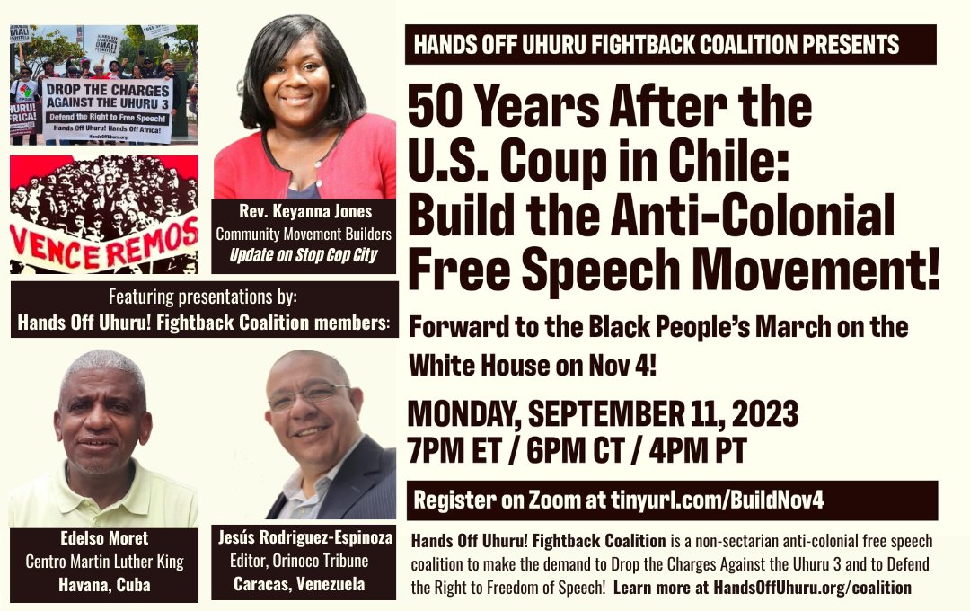 We hope to see you there this Monday, Sep 11, 7pm EST.
Fifty years later we need to build the anti-colonial free speech movement, now more than ever!
Hands of Uhuru!

@UniondelBarrio 
#HandsOffUhuru
#FreeAlexSaab 
#StopFBI