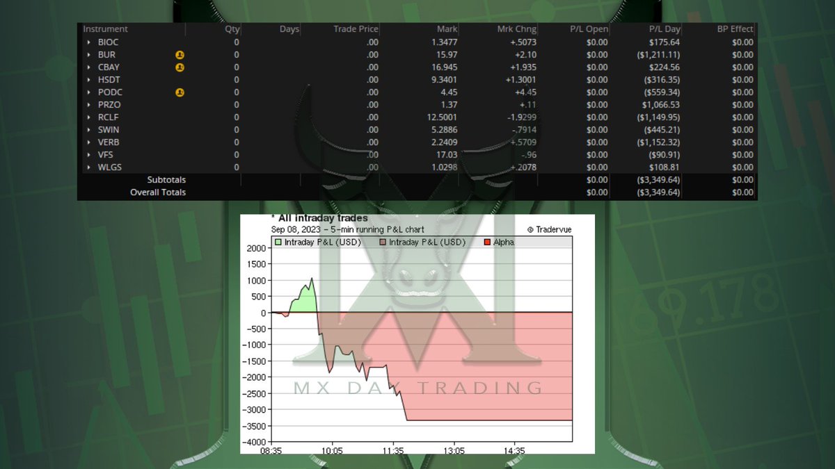 -$3349.64
Red streak continues, back to breakeven this month. Just rough market for me personally. Will go back to the drawing board. Trader rehab for now, have a great weekend everyone!

$BUR $RCLF $VERB $PODC $HSDT $PRZO $SWIN $BIOC