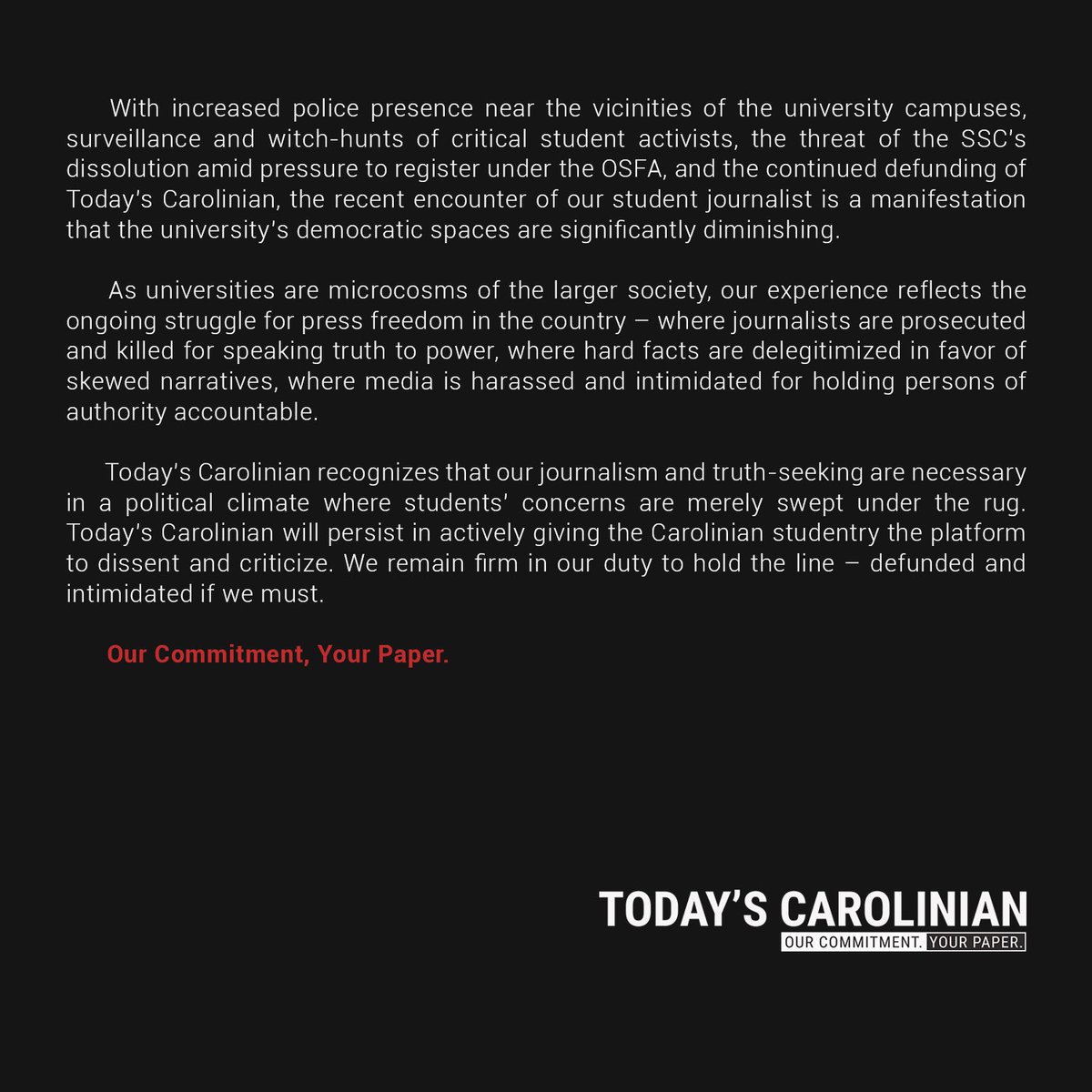 todaysusc's tweet photo. Today’s Carolinian strongly condemns this act of intimidation for our student journalists in their duty to ensure that all voices in the Carolinian community are heard. https://t.co/ybnsuZFZ7q
