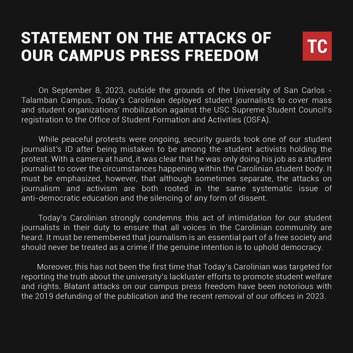 todaysusc's tweet photo. Today’s Carolinian strongly condemns this act of intimidation for our student journalists in their duty to ensure that all voices in the Carolinian community are heard. https://t.co/ybnsuZFZ7q