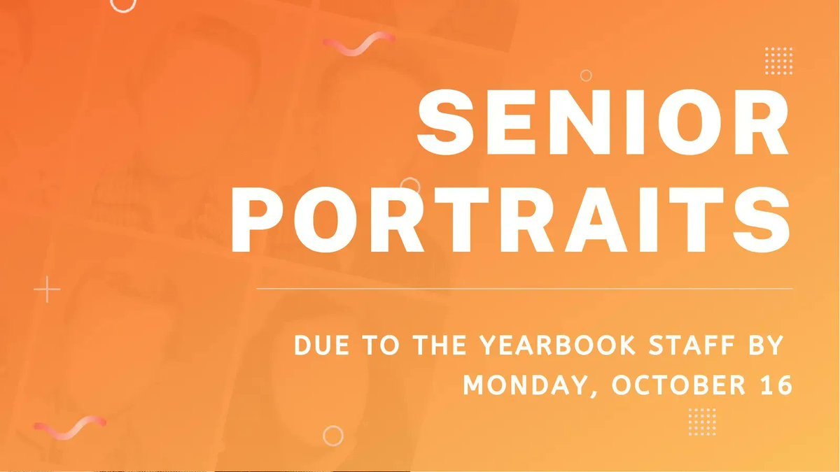 Seniors, friendly reminder that your senior portrait, quote, and baby photos are due on Monday, October 16. Details are online at buff.ly/483i3wE