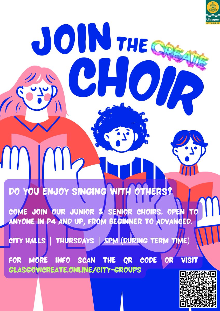 📣🎶👨‍👧‍👧We’re looking for new members from P4 upwards to join our Junior & Senior Choir. See details below or visit blogs.glowscotland.org.uk/gc/glasgowcrea… to sign-up.