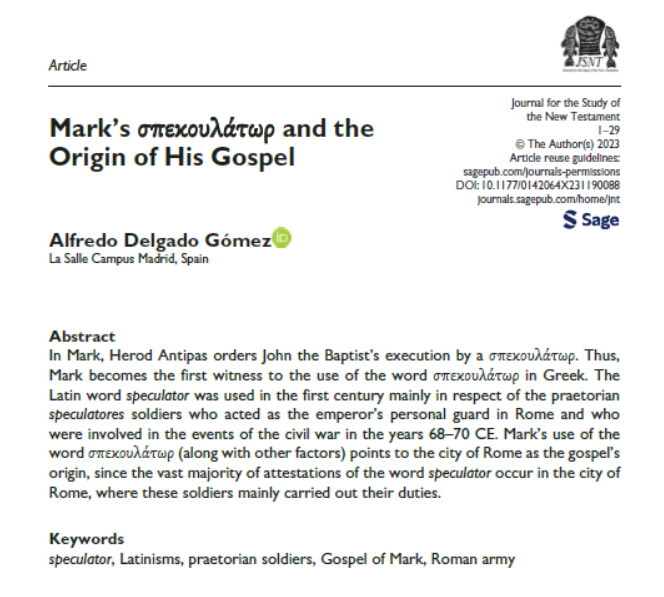 👉 Nuevo artículo de Alfredo Delgado sobre el evangelio de Marcos: Mark’s σπεκουλάτωρ and the Origin of His Gospel
¡¡Muy interesante!! 
#GospelofMark @alfdelgadogo
doi.org/10.1177/014206…