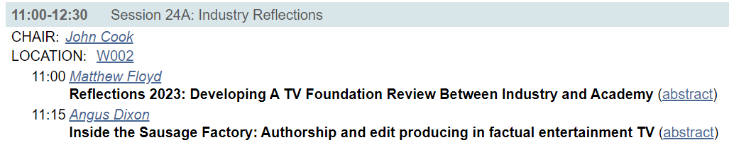 Matthew Floyd (@mattjfloyd) on Twitter photo It was a pleasure to present my paper on the #MeCCSA2023 'Industry Reflections' panel alongside Angus Dixon:
'Reflections 2023: Developing A <a href="/thetvfoundation/">The TV Foundation</a> Review Between Industry and Academy'
Thanks to @MeCCSA2023 & <a href="/CaledonianNews/">Glasgow Caledonian University</a> for hosting an excellent conference. It was a pleasure to present my paper on the #MeCCSA2023 'Industry Reflections' panel alongside Angus Dixon:
'Reflections 2023: Developing A <a href="/thetvfoundation/">The TV Foundation</a> Review Between Industry and Academy'
Thanks to @MeCCSA2023 & <a href="/CaledonianNews/">Glasgow Caledonian University</a> for hosting an excellent conference.
