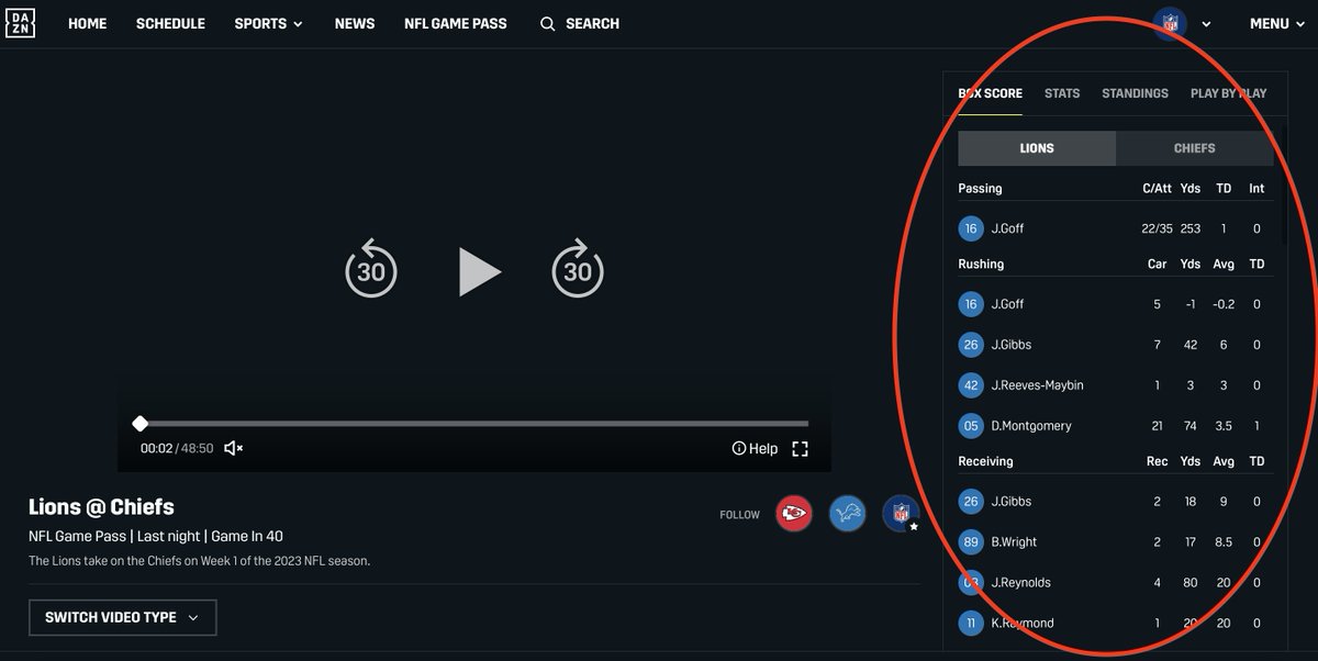 Peppziller's tweet photo. @NFLonDAZN Some feedback:

1) Even with 'Show Scores' turned off, this boxscore/play-by-play still appeared when I clicked to watch DET@KC earlier. Huge spoiler. Please remove asap, before Sunday games.

2) The 'Game in 40' edit was missing several plays on KC's final possession https://t.co/fCOwbYOkpj