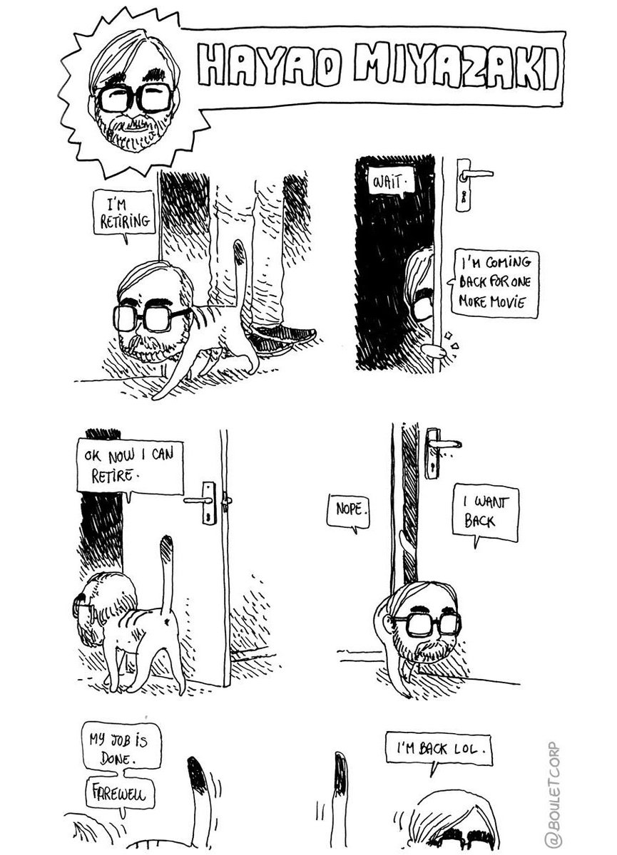 catsuka's tweet image. Hayao Miyazaki&apos;s best running gag.
(by @Bouletcorp, 2017)