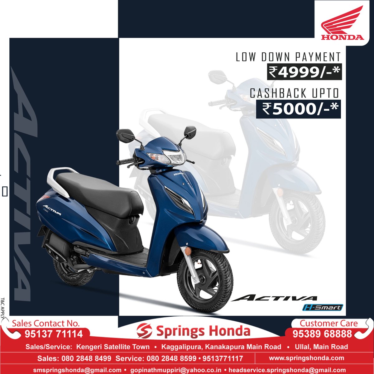 Buy #HondaActiva H-Smart at a
✅Lowdown Payment of ₹4999/-
✅Get Cashback up to ₹5000/-
T&C Apply
Book Now!
To know more, please visit:
springshonda.com
📲08028488499
#SpringsHonda #ActivaHSmart #HondaIndia #Bike #IndianMotorcycles #TwoWheeler #ScooterBoleTohActiva