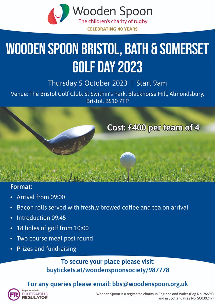 🏌️Why not tee off for Wooden Spoon at our golf day on Thursday 5th October at The Bristol Golf Club. Have a fantastic day whilst also fundraising to support vulnerable children and young people in your local area!
Book your team here -www.buytickets.at/woodenspoonsociety/987778