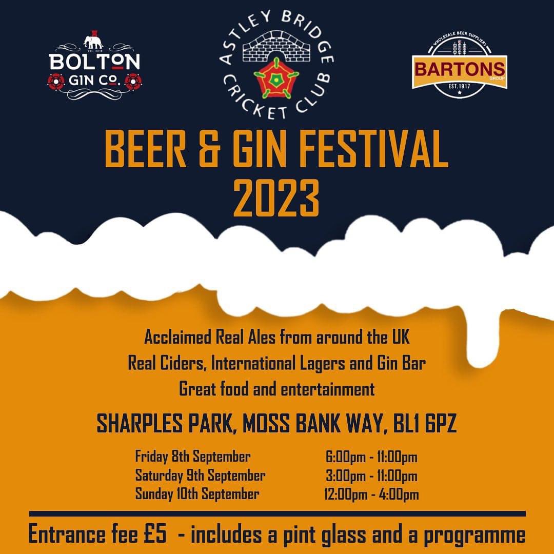 astleybridgecc1's tweet image. 🍻Beer &amp;amp; Gin Festival🍻

Starts TONIGHT and runs throughout the weekend. With live cricket taking place through the day on Saturday and Sunday and live music in the evening on Friday and Saturday. 

Come on down and quench your thirst this glorious weekend 

#ABCC #BeerFestival