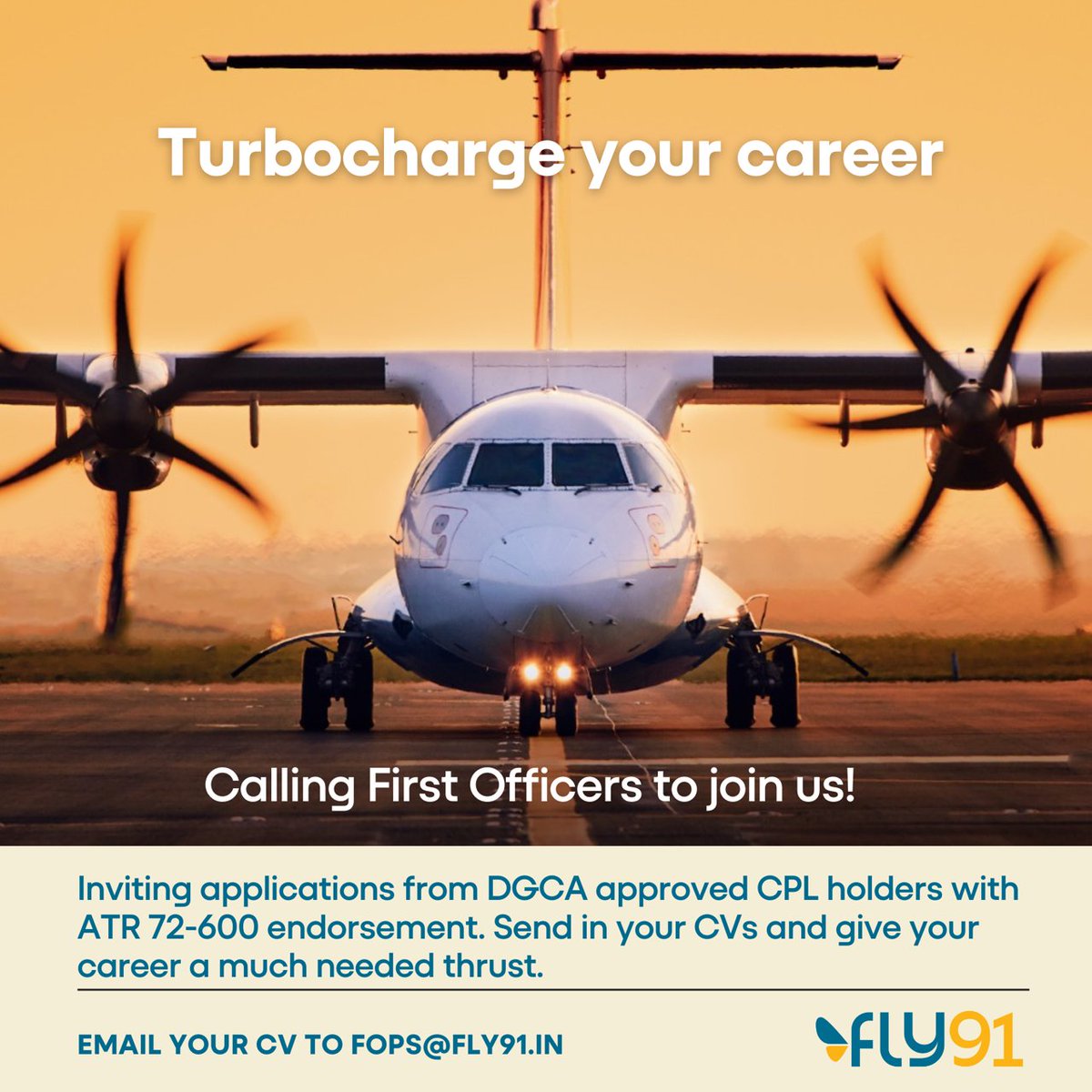fly91_IN's tweet photo. Come onboard and experience your dreams take flight 🛫 🏖

#hiring #pilots #firstofficer #ATR #ATR72 #airline #india #goa #bharat #bharatunbound 🇮🇳 https://t.co/RXXuv3enD6