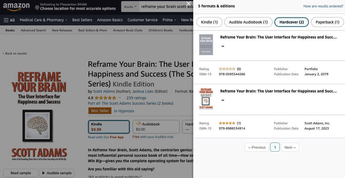 ScottAdamsSays's tweet image. Who believes @Amazon when they tell me they literally have no ability to remove a fake listing (the grey cover) for my hardcover version of the book?

They say only my old publisher who doesn't respond to me can do it because it was their listing.

amazon.com/Reframe-Your-B…