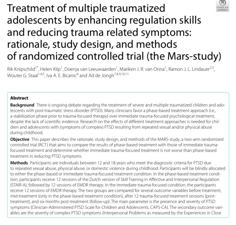 Ad de Jongh (@adjongh) on Twitter photo How do we treat people who have been exposed to early childhood trauma. In adults it has been established that stabilization is unnecessary. Our study, which is almost completed, should provide more clarity on how this works for children and adolescents. bmcpsychiatry.biomedcentral.com/articles/10.11… How do we treat people who have been exposed to early childhood trauma. In adults it has been established that stabilization is unnecessary. Our study, which is almost completed, should provide more clarity on how this works for children and adolescents. bmcpsychiatry.biomedcentral.com/articles/10.11…