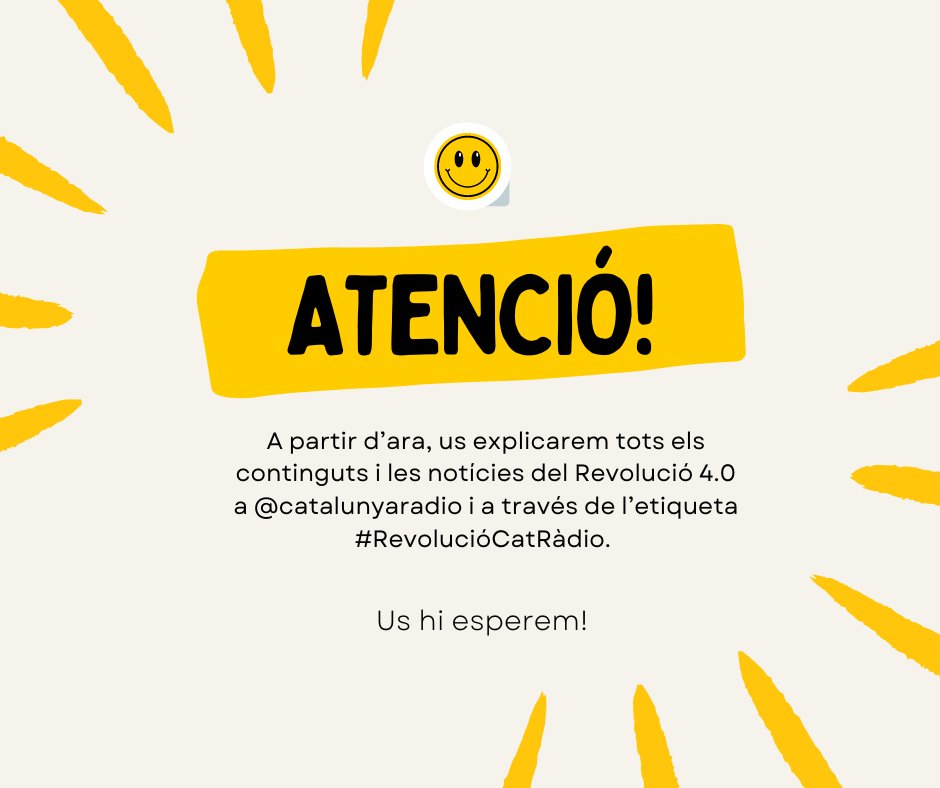 REVOLUCIÓ 4.0 (@revolucio4) on Twitter photo Ara, tots els continguts i notícies del Revolució 4.0 a <a href="/CatalunyaRadio/">Catalunya Ràdio</a> No oblidis seguir l'etiqueta #RevolucióCatRàdio i <a href="/Xantallavina/">Xantal Llavina Aguilar</a> i @catalunyaradio per no perdre't res. Ara, tots els continguts i notícies del Revolució 4.0 a <a href="/CatalunyaRadio/">Catalunya Ràdio</a> No oblidis seguir l'etiqueta #RevolucióCatRàdio i <a href="/Xantallavina/">Xantal Llavina Aguilar</a> i @catalunyaradio per no perdre't res.