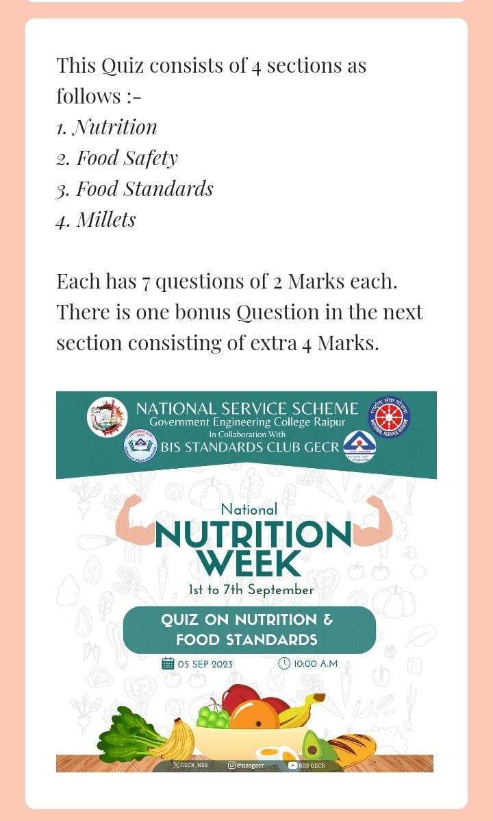 GECR_NSS's tweet photo. #Day3 #Activity3
#NationalNutritionWeek
NSS, GECR successfully organised an Online Quiz on Nutrition and Food Standards in collaboration with @BisGecr24492. Around 40 students and faculties together participated in it from various colleges of Chhattisgarh and few from Pune. https://t.co/62mcnbPSoE