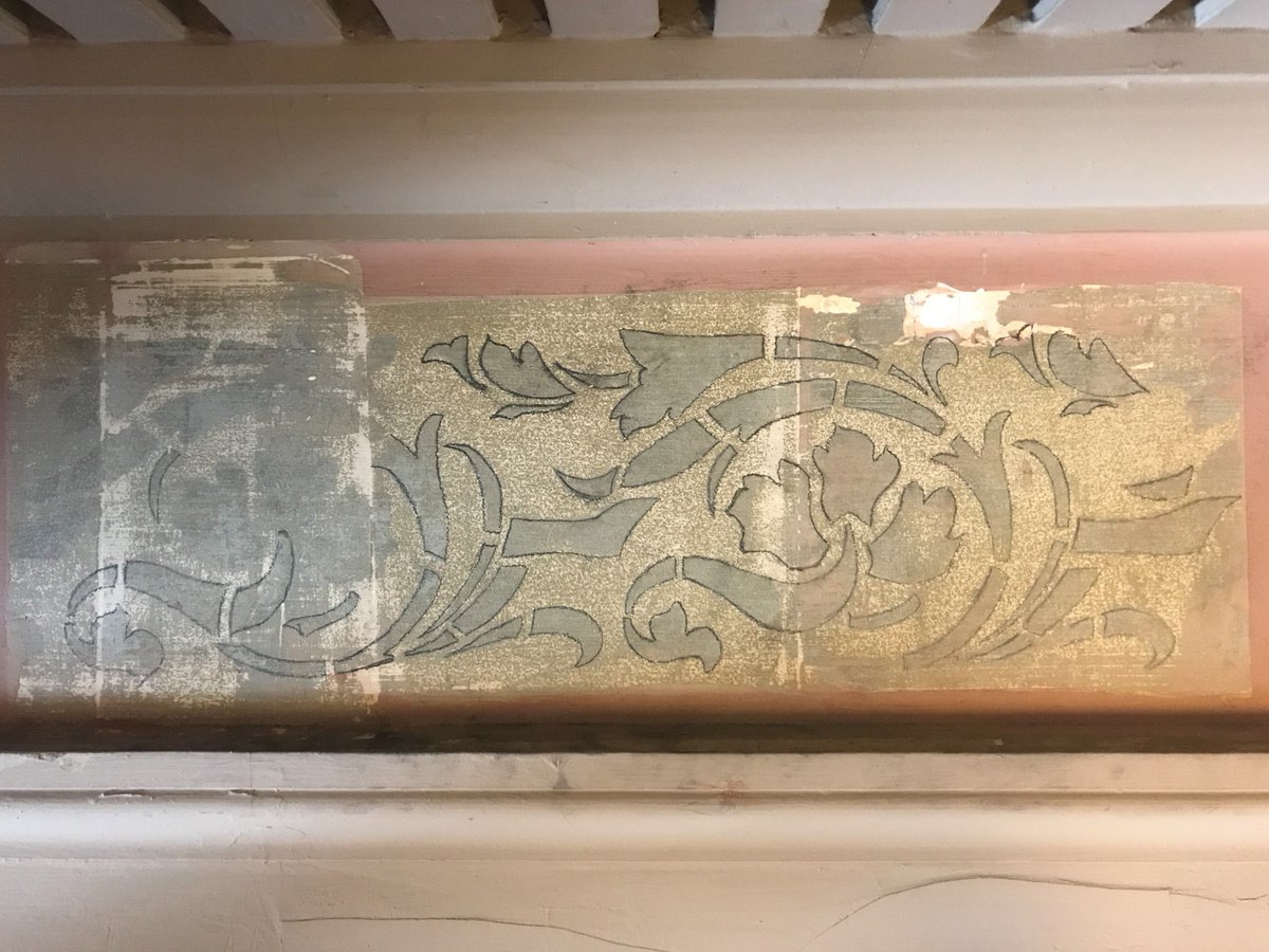JohnCanningCo's tweet image. Sometimes our #PaintExposures uncover well-preserved designs hidden under years of overpainting. This exposure revealed a beautiful pattern, traced by our #Conservators to mark out the #Design. Our conservators can use this design to recreate the original pattern.