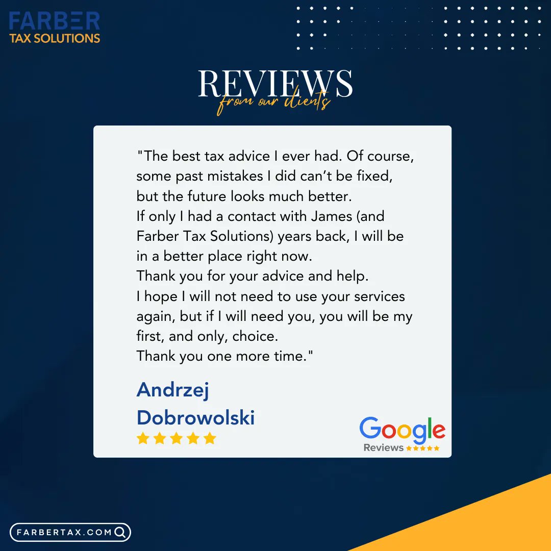 FarberTax's tweet photo. We always strive to provide the best possible advice and solutions to our clients, and your feedback reinforces our commitment to excellence.  

Resolving your tax dispute is our sole focus and it starts with a conversation. 
Book a Free Consultation👉 https://t.co/1XNpXPe2uB https://t.co/9JOquvI4Dk